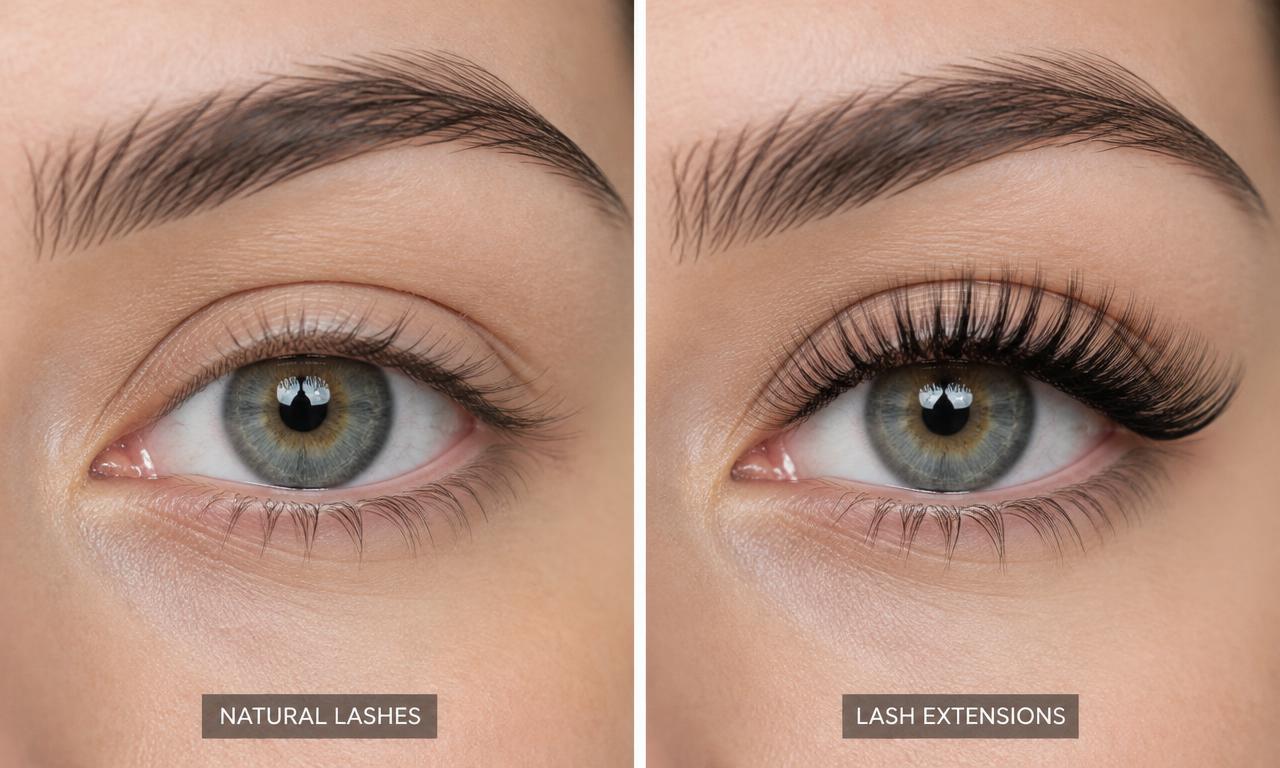 Auge vorher mit Naturwimpern und nachher mit Wimpernverlängerung