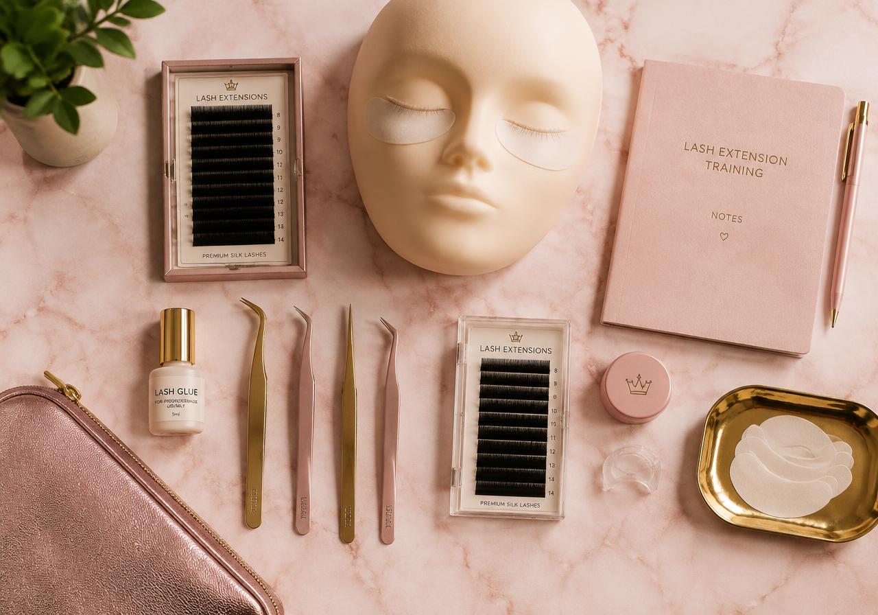 Material für den Wimpernkurs auf rosa Marmor